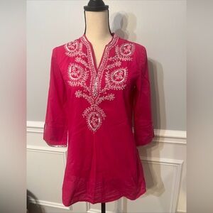 Chico’s Pink Long Womens Tunic Embroidered Silver Sequined Size 0 Small